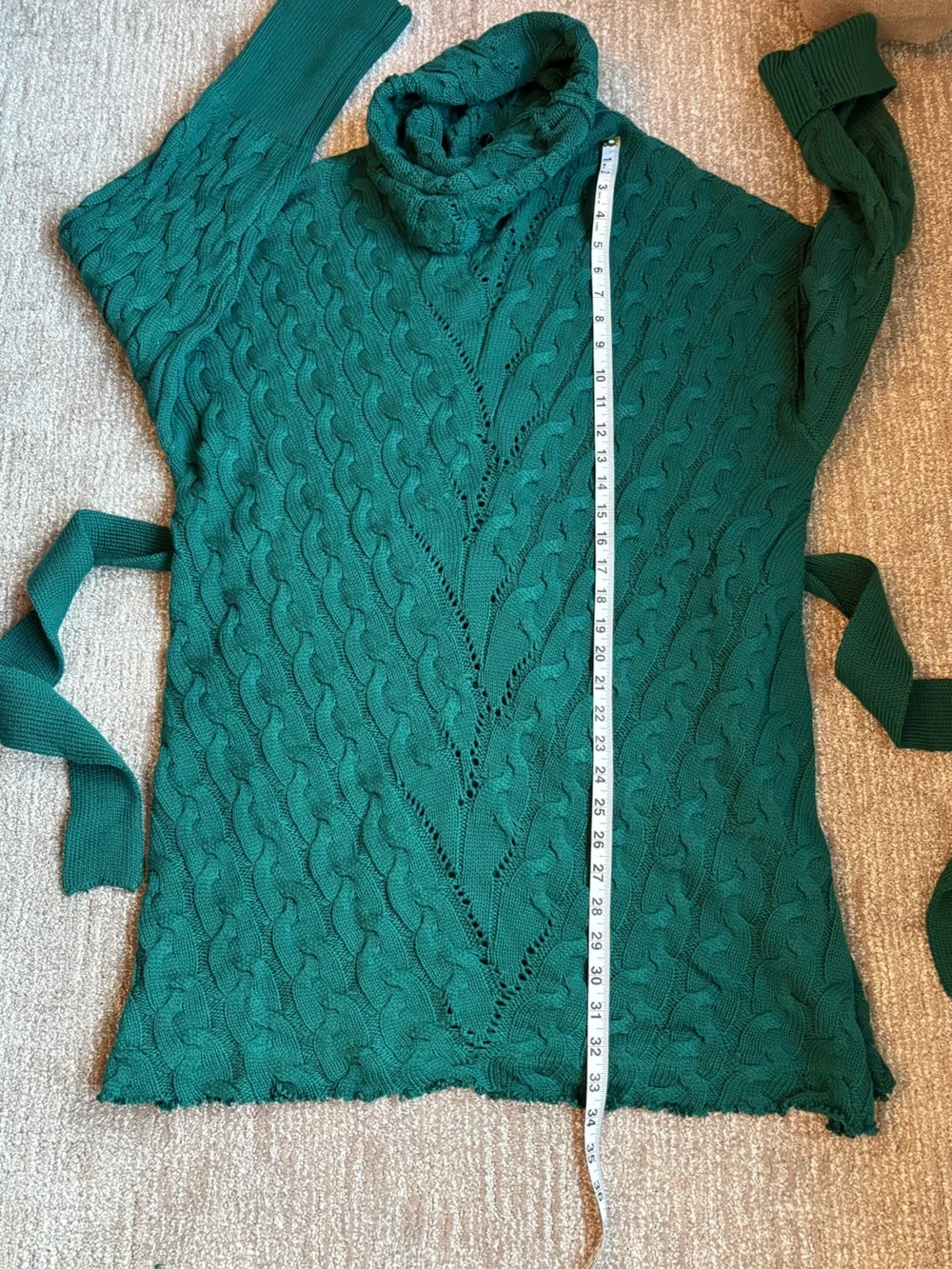 Fate Emerald Green Cable Knit Cowl Raw Hem Sweater Dress | Size L